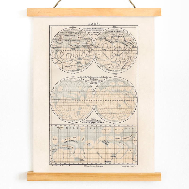 Vintage map of Mars illustration and scientific reference poster by Bibliographic institute of Liepzig, with wooden magnetic frame on white background