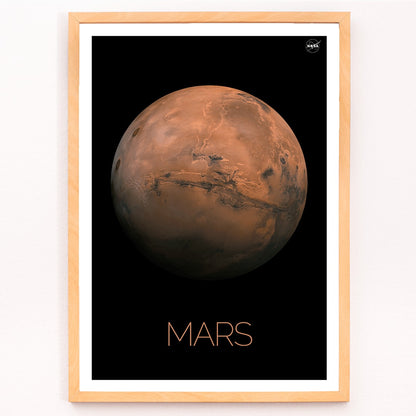 Mars by NASA framed poster featuring a detailed photo of the red planet with the title Mars at the bottom on a black background, framed and displayed in modern living room decor