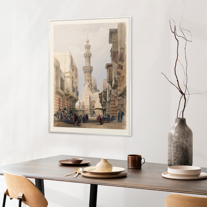 Bullack Cairo cityscape illustration by David Roberts featuring people in traditional clothing and historic architecture, framed and displayed in home decor