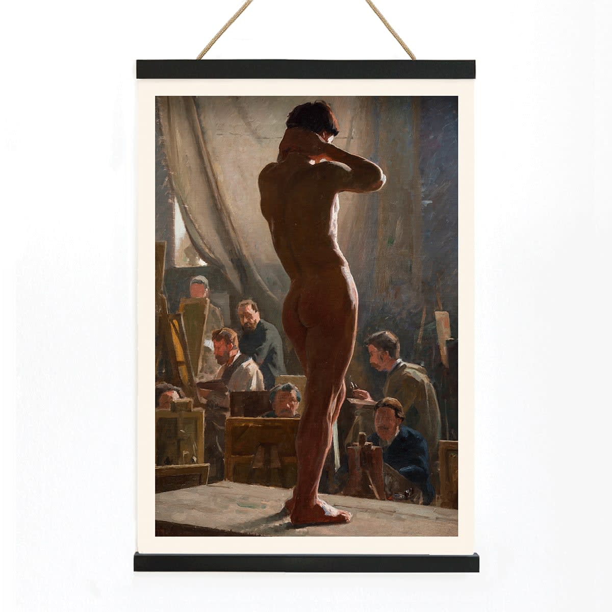 Model study in an art studio by Laurits Tuxen poster of a model posing with artists sketching in Bonnats studio, with wooden magnetic frame on white background