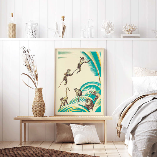 Illustration and poster of five monkeys playing among green palm leaves in the jungle titled A Jungle Picnic Pl 20 by Clifford Webb, framed and displayed in home decor