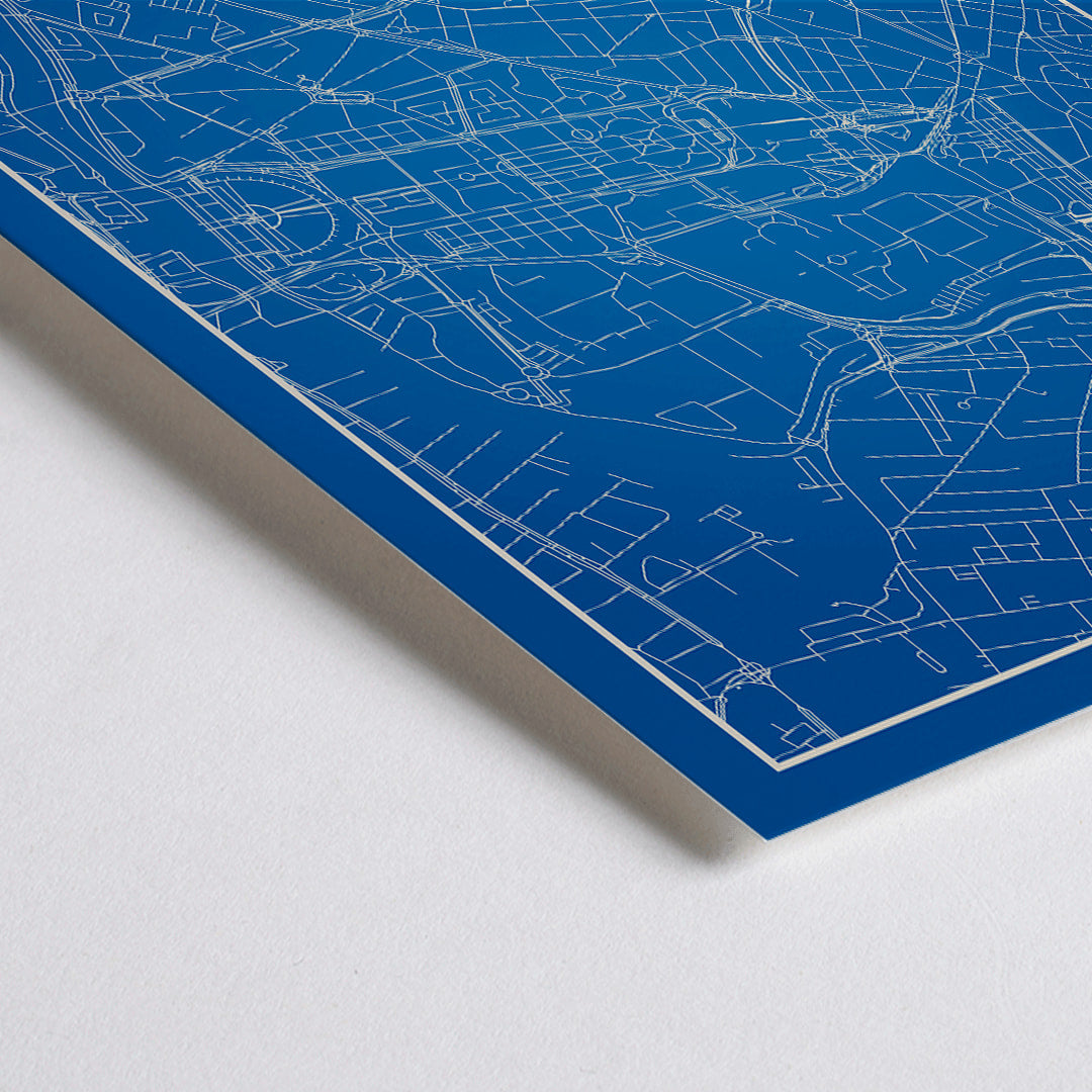 Closeup detail of Minimalist map art print and detailed blue and white poster of Montpellier with city landmarks by Minimalist Montpellier Map