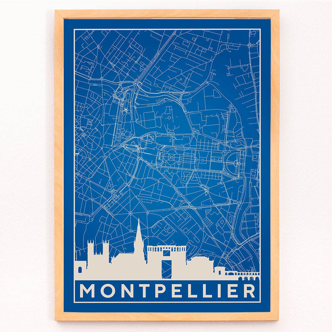 Minimalist map art print and detailed blue and white poster of Montpellier with city landmarks by Minimalist Montpellier Map, framed and displayed in modern living room decor
