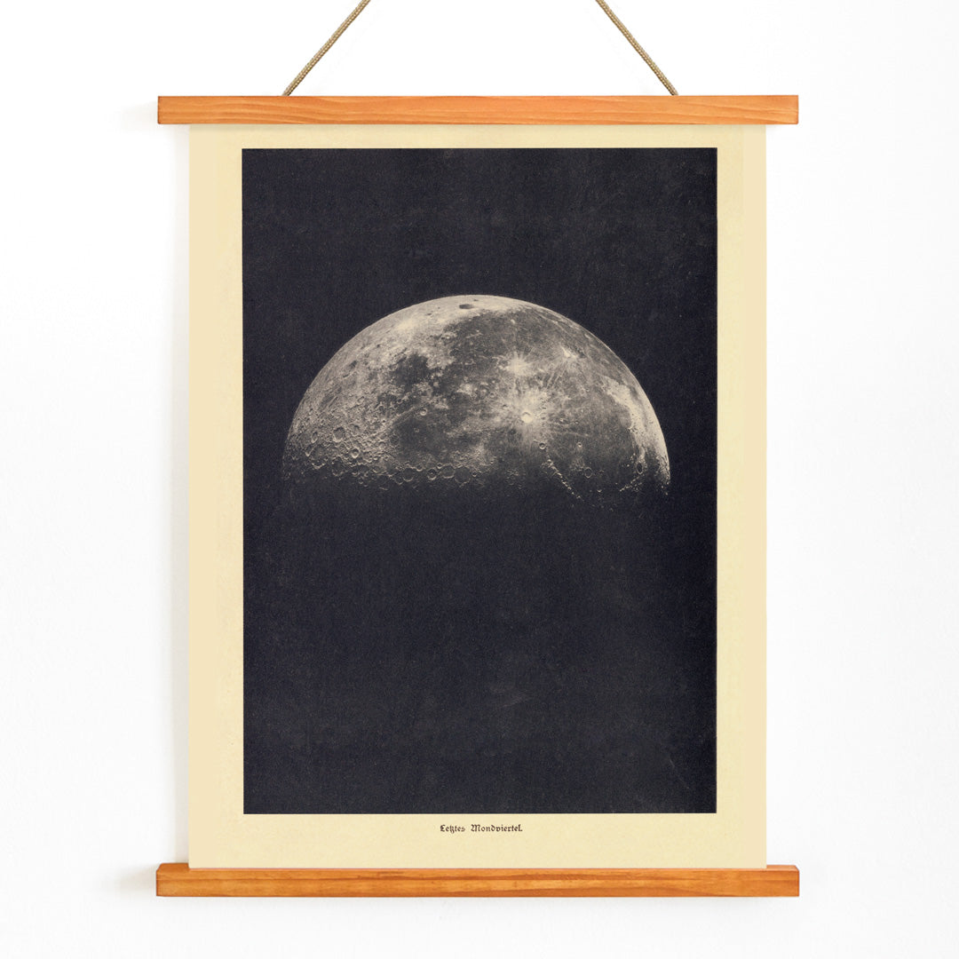 Black and white lunar surface artwork and detailed moon illustration poster by Institute of Liepzig wall art for home decor, with wooden magnetic frame on white background