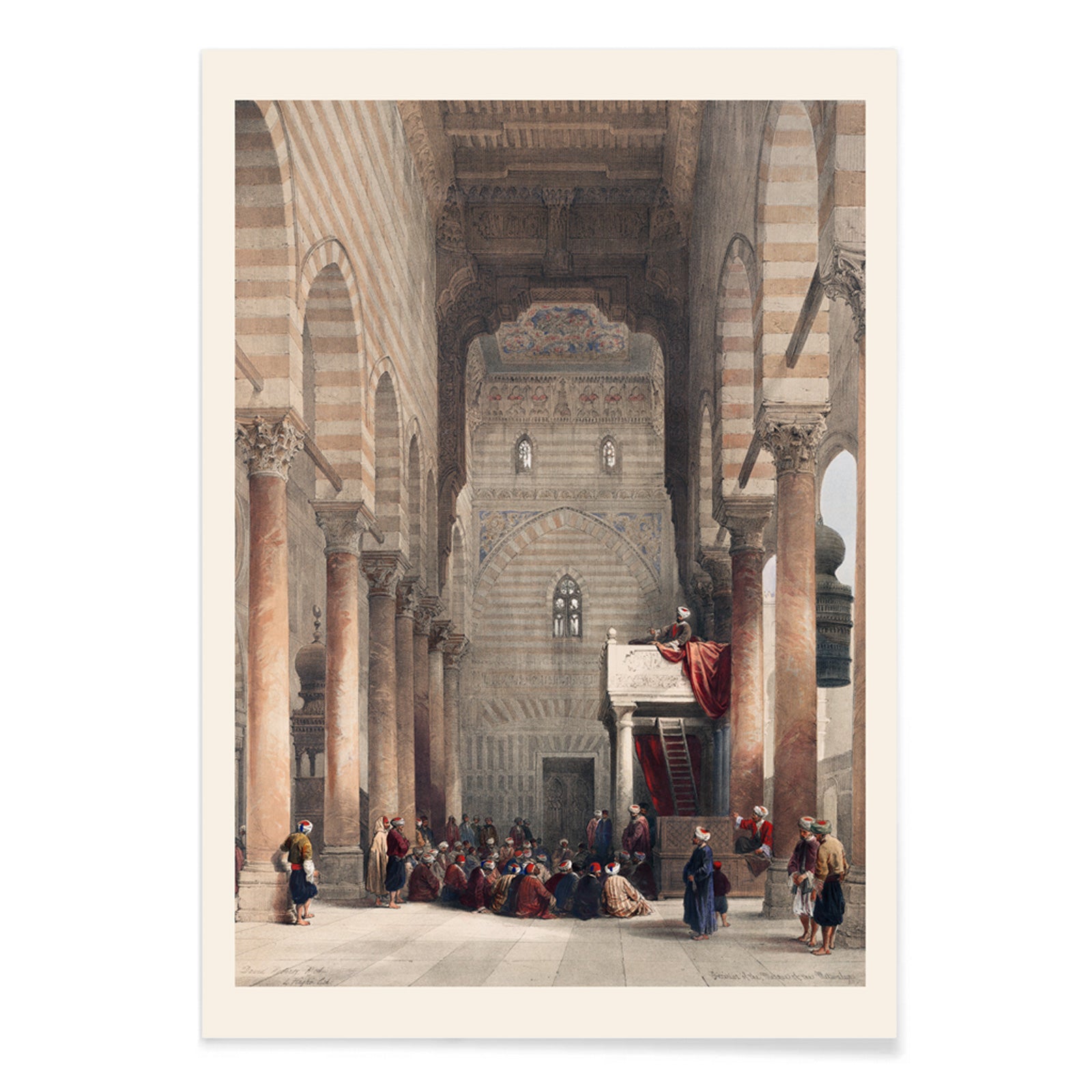 Interior of the mosque of the Metwalys by David Roberts with architectural details and people gathered inside grand hall poster, with black aluminium frame on white background