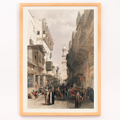 Closeup detail of Bustling Cairo street scene with Mosque The Mooristan and people illustrated by David Roberts