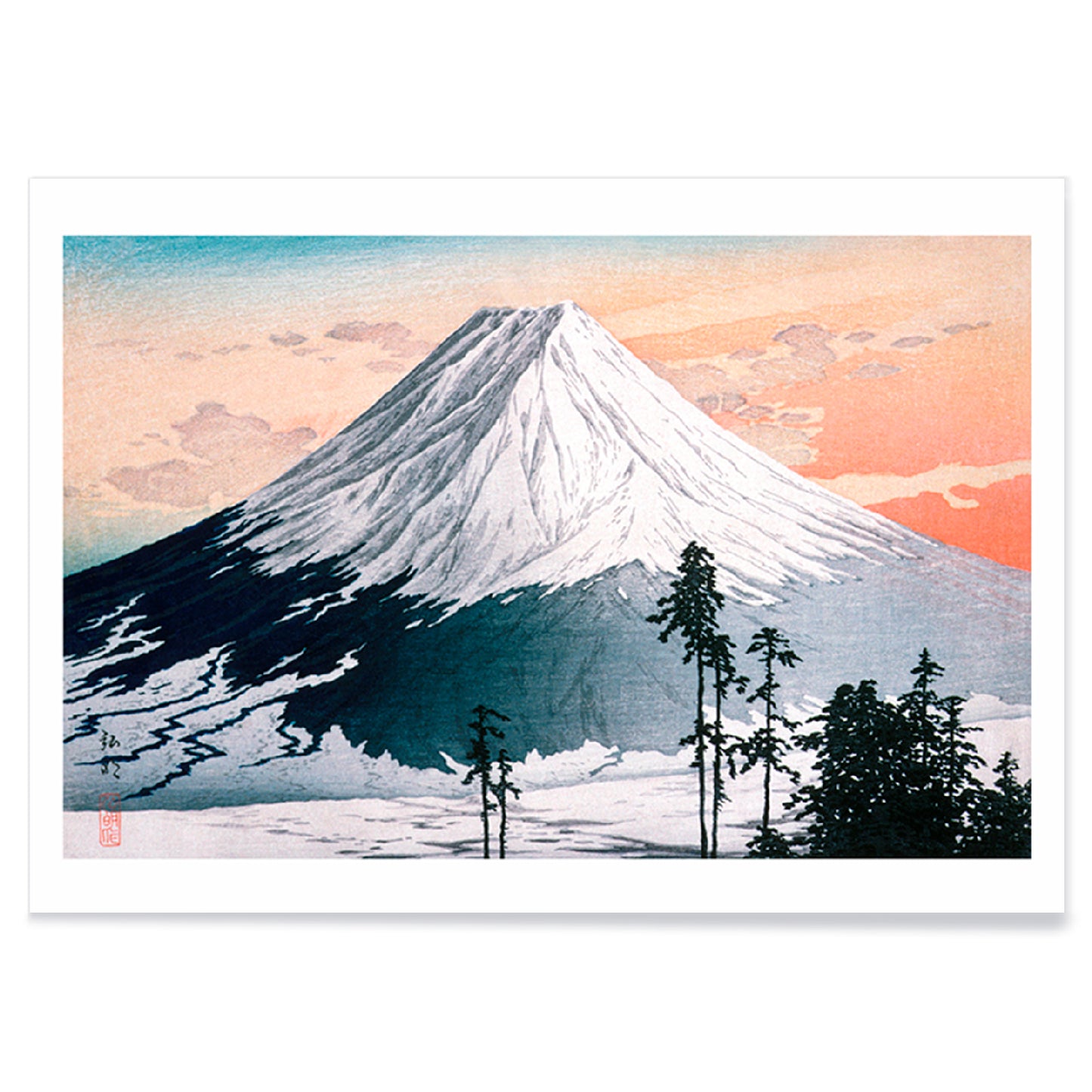 Colorful landscape and snowy mountain with trees at sunrise Katsuyama Neighborhood artwork by Hiroaki Takahashi, with black aluminium frame on white background