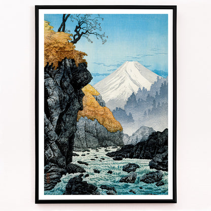 Closeup detail of Mountain landscape with river autumn trees and rocky cliffs at Foot of Mount Ashitaka by Hiroaki Takahashi poster