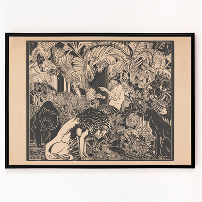 Closeup detail of Orpheus playing harp surrounded by animals in lush jungle artwork by Henri van der Stok poster