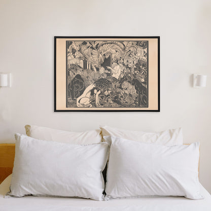 Orpheus playing harp surrounded by animals in lush jungle artwork by Henri van der Stok poster, framed and displayed in home decor