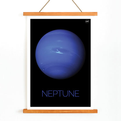 NASA poster of Neptune showing a detailed blue planet against a black background with the title Neptune at the bottom, with wooden magnetic frame on white background