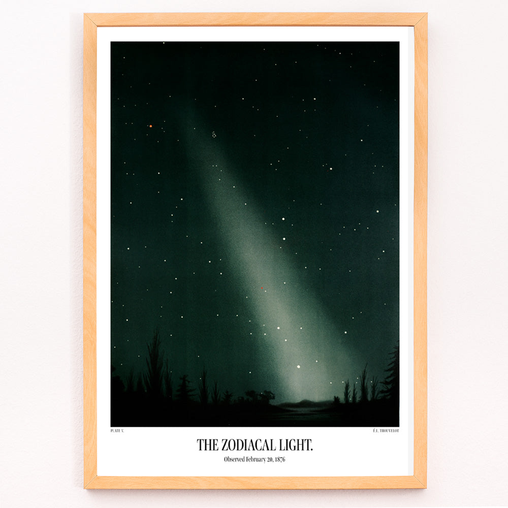 Closeup detail of Night sky with zodiacal light and stars by E L Trouvelot poster featuring luminous band and silhouetted trees