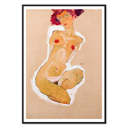Colorful expressionist painting poster of a nude woman squatting titled Squatting Female Nude by Egon Schiele, with black aluminium frame on white background