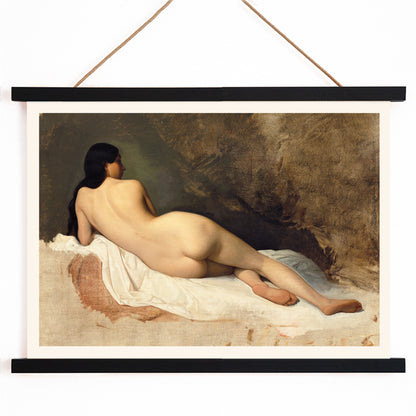 Study of a Reclining Nude by Isidore Pils poster featuring a nude woman lying on white fabric against a textured background, with wooden magnetic frame on white background