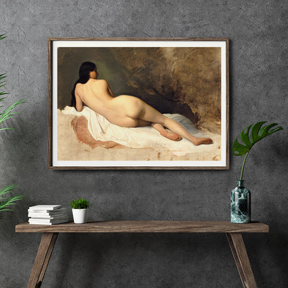Study of a Reclining Nude by Isidore Pils poster featuring a nude woman lying on white fabric against a textured background, framed and displayed in home decor