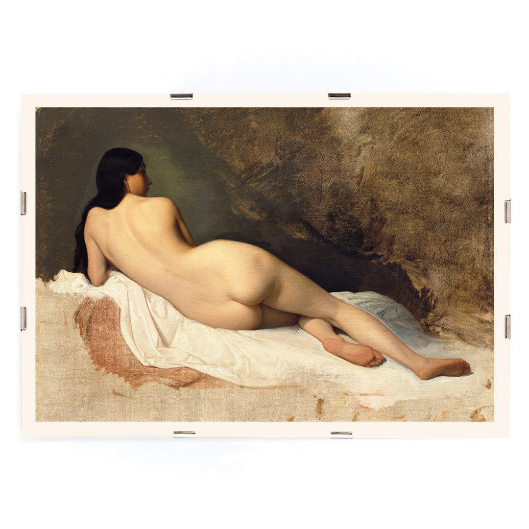 Study of a Reclining Nude by Isidore Pils poster featuring a nude woman lying on white fabric against a textured background, framed and displayed in modern living room decor