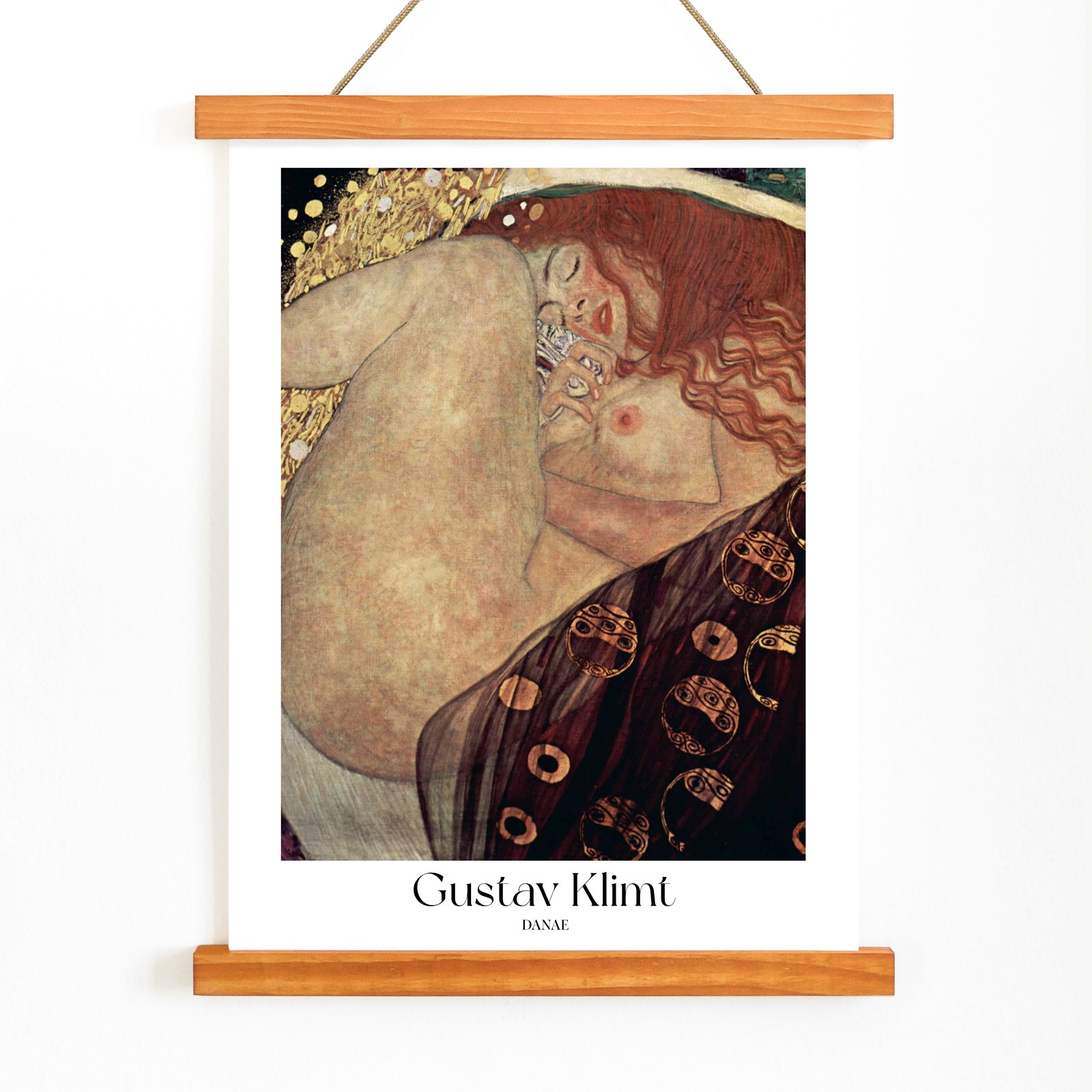 Danae by Gustav Klimt sensual reclining woman artwork in golden tones with rich decorative brown elements poster, with wooden magnetic frame on white background