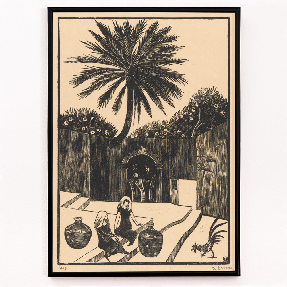 Closeup detail of Street with steps in Taormina Sicily featuring palm tree two women with jugs and figures outdoor scene artwork by Bernard Essers