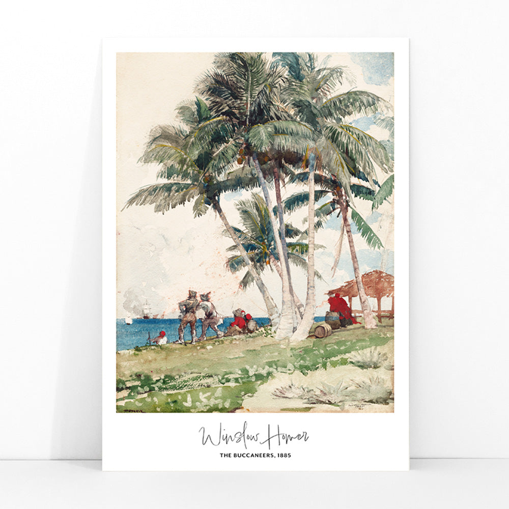 The Buccaneers by Winslow Homer poster featuring pirates under palm trees on a tropical beach with a ship in the background, framed and displayed in modern living room decor