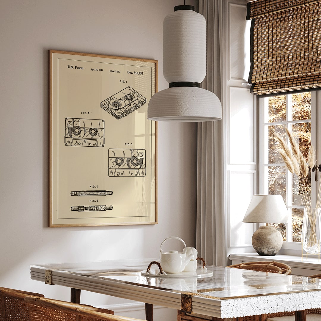 Vintage cassette tape patent illustration and technical drawing poster Audio Tape Patent artwork by US Patents ideal music lover decor, framed and displayed in home decor