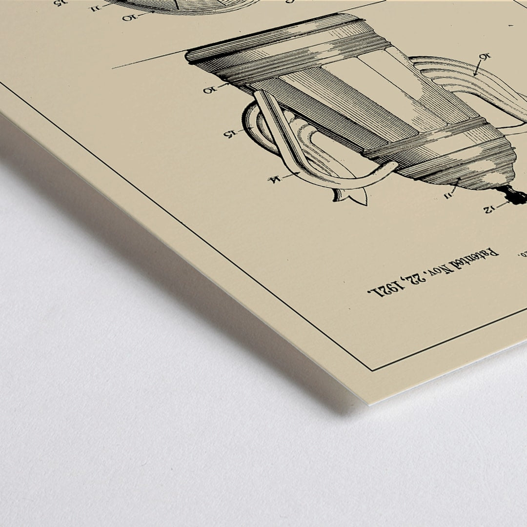 Closeup detail of Patent illustration and technical drawing poster of tea or coffee pot by B F Olsen with detailed views and patent information