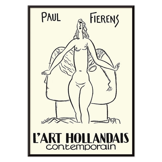 Black and white illustration poster of a nude woman and drawing of a nude figure by Paul Fierens in contemporary Dutch art from L Art Hollandais contemporain, with black aluminium frame on white background