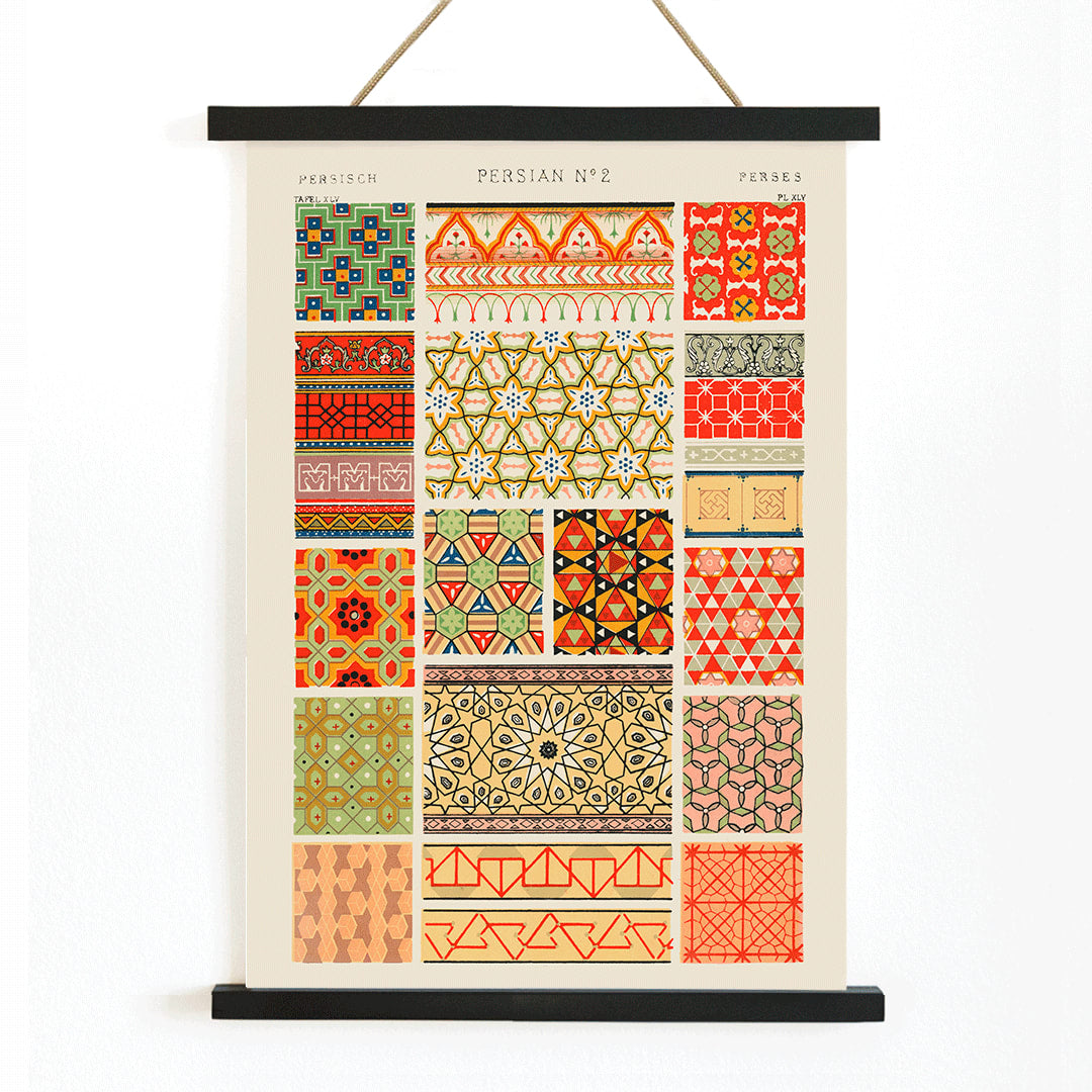 Poster of Persian 2 vintage pattern from Grammar of Ornament by Owen Jones with intricate and colorful geometric designs, with wooden magnetic frame on white background