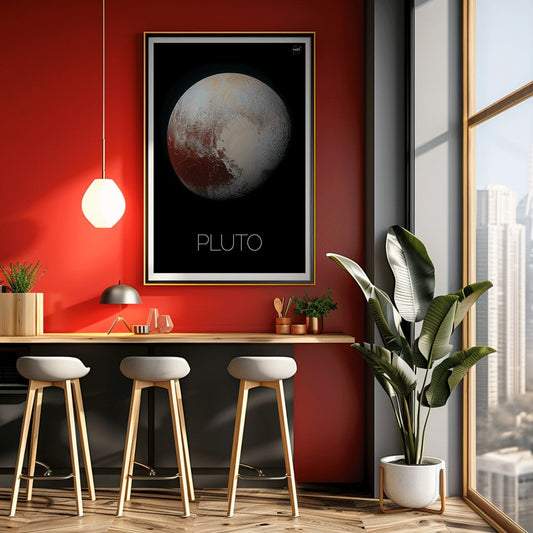 Pluto by NASA black framed poster featuring detailed surface textures, framed and displayed in home decor