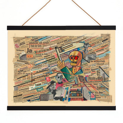 Political collage with newspaper clippings geometric figure and skull by Karl Wiener titled Political collage poster, with wooden magnetic frame on white background