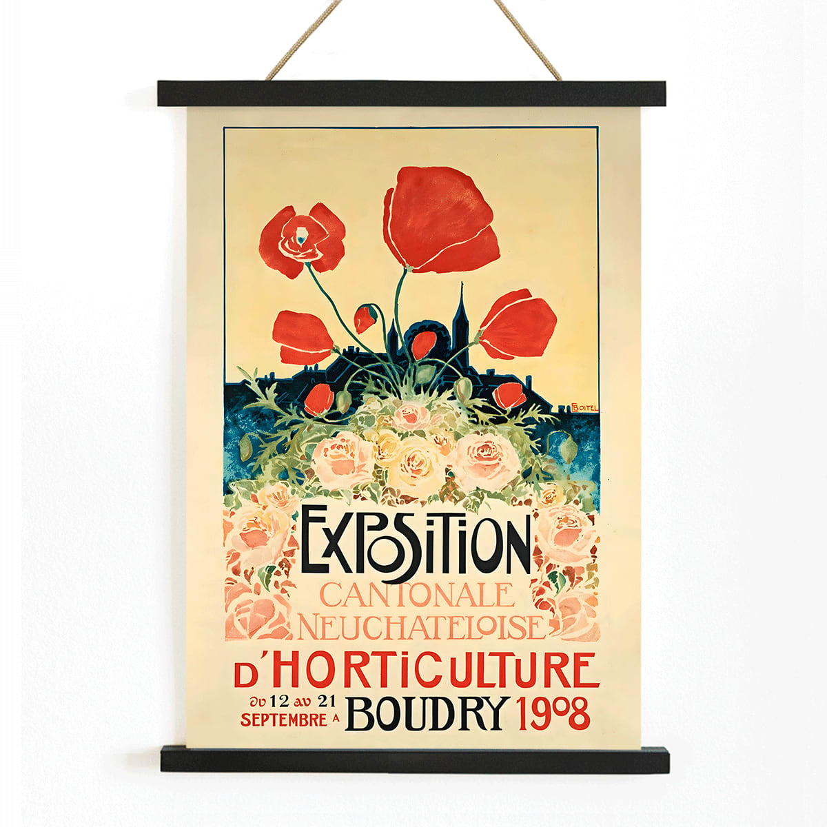 Colorful floral poster with vibrant flowers and bold text for Exposition Cantonale Neuchateloise dhorticulture de Boudry by Edmond Boitel, with wooden magnetic frame on white background