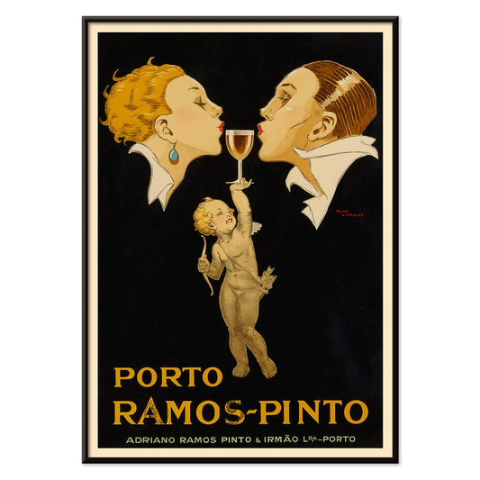 Porto Ramos-Pinto poster by Rene Vincent with two people about to kiss and a cherub holding a wine glass, with black aluminium frame on white background