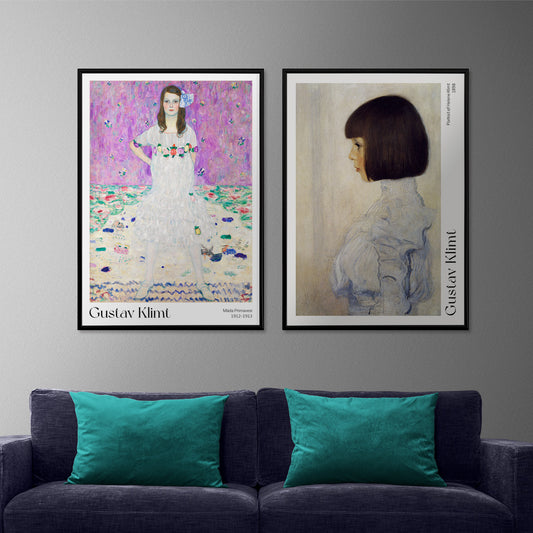 Mada Primavesi by Gustav Klimt poster featuring a young girl in a white dress with a colorful floral background, framed and displayed in home decor