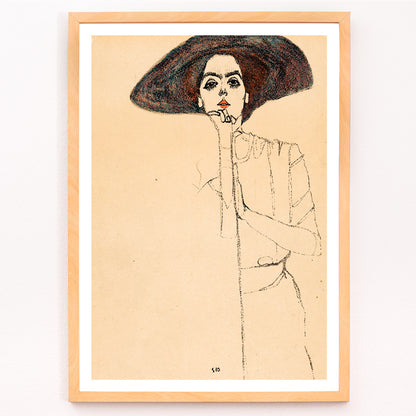 Closeup detail of Frauenbildnis II by Egon Schiele poster featuring a woman in a large hat expressive minimalistic line drawing on beige background