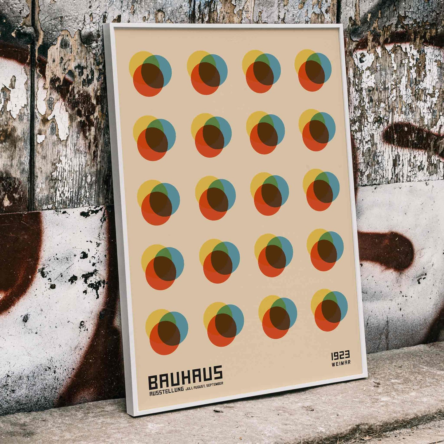 Bauhaus Poster 8 Inspired by the Weimar Exhibition with abstract colorful overlapping circles in a geometric grid pattern, framed and displayed in home decor