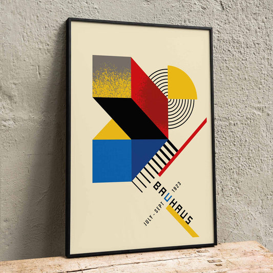 Bauhaus Poster 13 inspired by Weimar Exhibition featuring geometric patterns and primary colors on a minimalist poster, framed and displayed in home decor