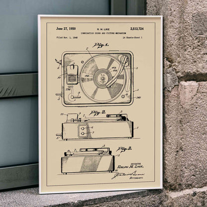 Vintage turntable patent illustration and technical drawing poster by R M Like ideal music lover decor, framed and displayed in home decor