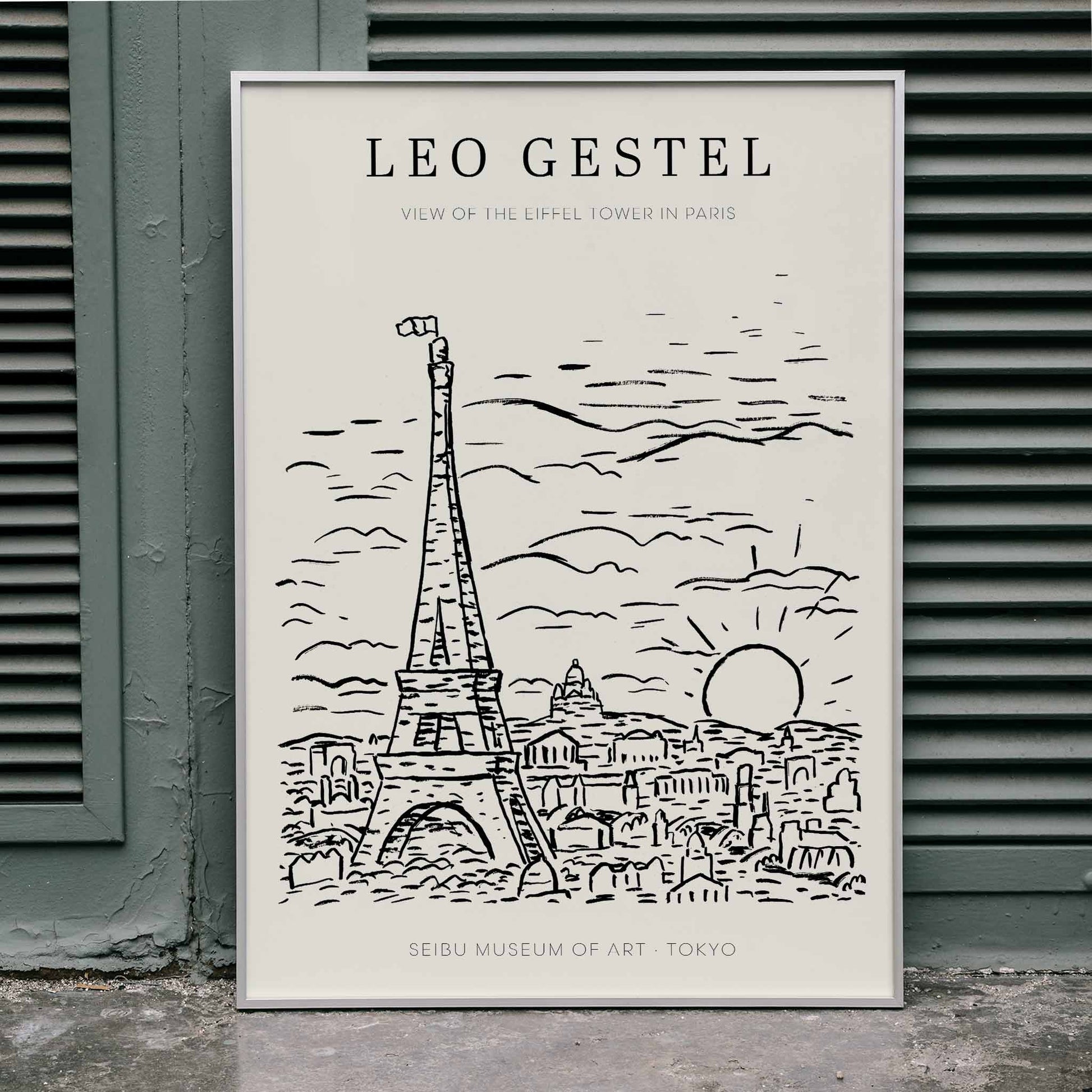 Artwork by Leo Gestel View of the Eiffel Tower in Paris sketch of Eiffel Tower and cityscape poster, framed and displayed in home decor
