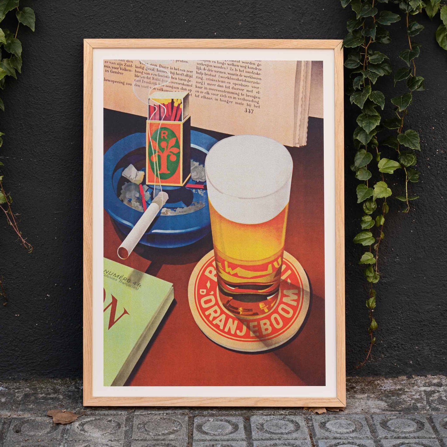 Beer glass on Oranjeboom coaster with cigarette in ashtray and matchbox still life by Bernd Steiner and Anonymous, framed and displayed in home decor