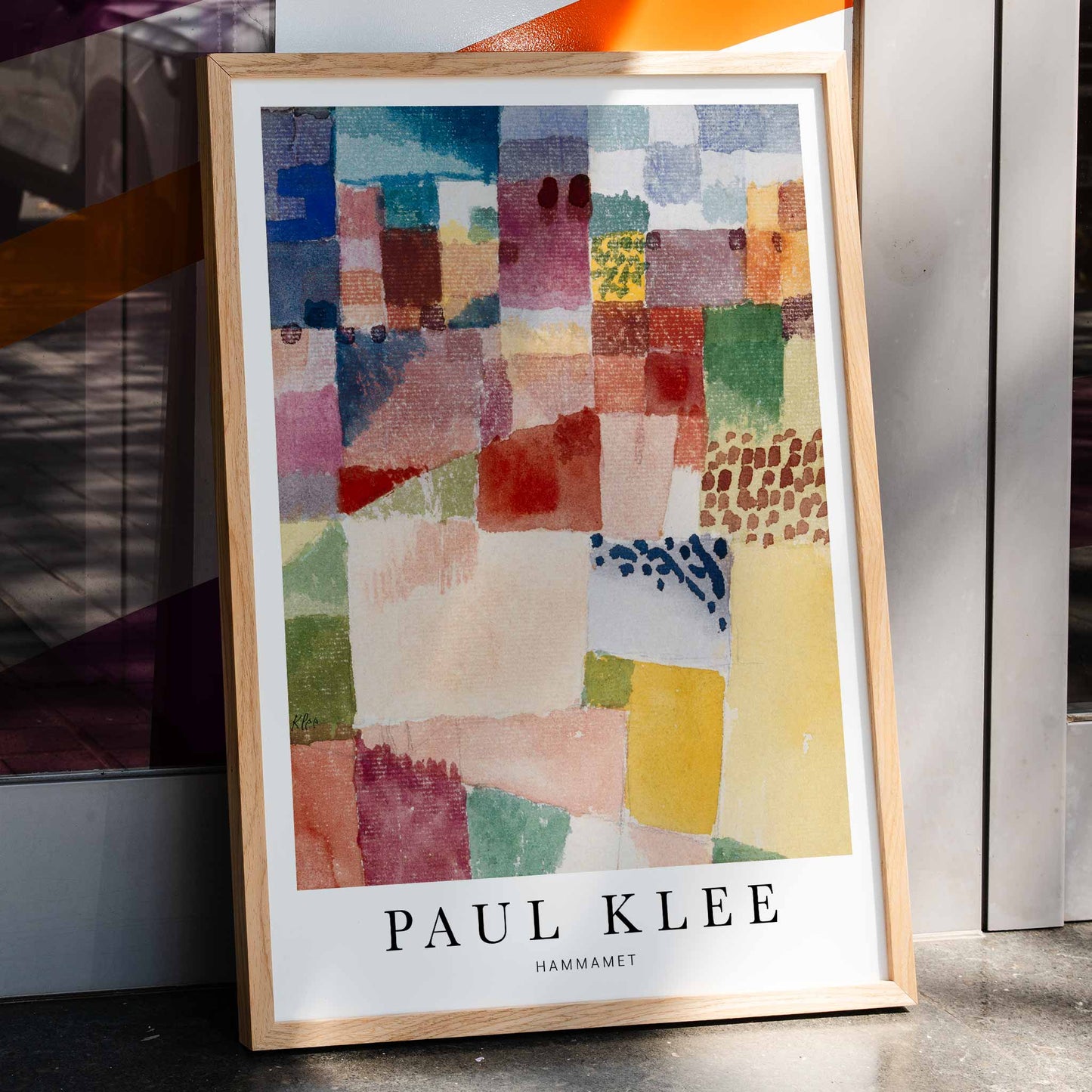 Colorful abstract geometric poster inspired by Motif from Hammamet painting by Paul Klee perfect for art lovers and modern decor, framed and displayed in home decor
