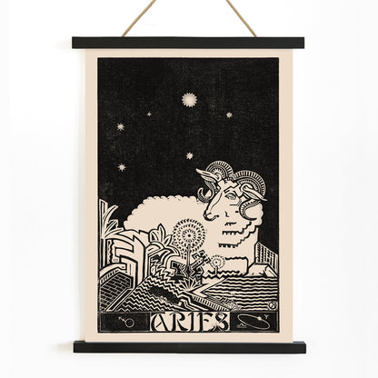 Aries constellation and artistic ram illustration by Henri van der Stok with stylized landscape and stars Zodiac signs Aries poster, with wooden magnetic frame on white background