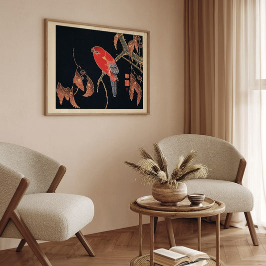 Vibrant red parrot perched on a tree branch artwork by Ito Jakuchu showcasing intricate details and colors poster, framed and displayed in home decor