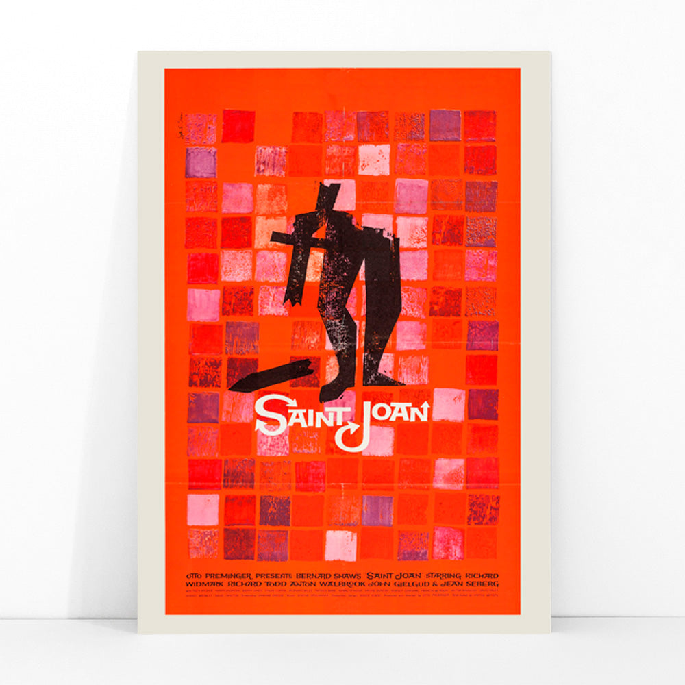 Abstract red and black Saint Joan Movie poster by Saul Bass with stylized figure on checkered background and abstract red squares, framed and displayed in modern living room decor