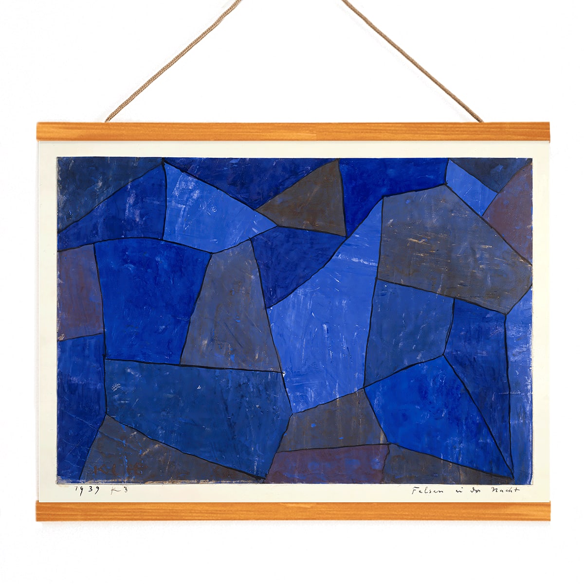 Blue geometric abstract artwork titled Rocks at Night by Paul Klee featuring varied shades and textures poster, with wooden magnetic frame on white background