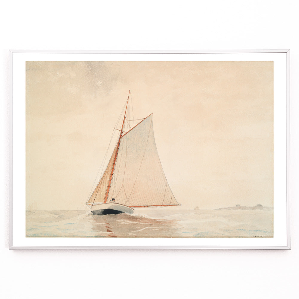 Closeup detail of Sailboat on calm water under light sky Sailing off Gloucester by Winslow Homer wall art poster decor