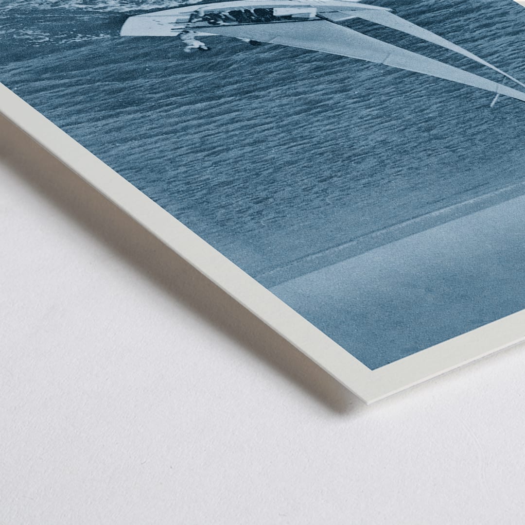 Closeup detail of Vintage poster Coffee Shop Hotel Syracuse with sailboat on Nantucket Sound blue-toned photo by Geo I Wilcox