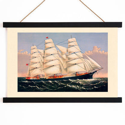 Clipper Ship Three Brothers by Currier and Ives majestic sailing ship poster at sea largest vessel in the world, with wooden magnetic frame on white background