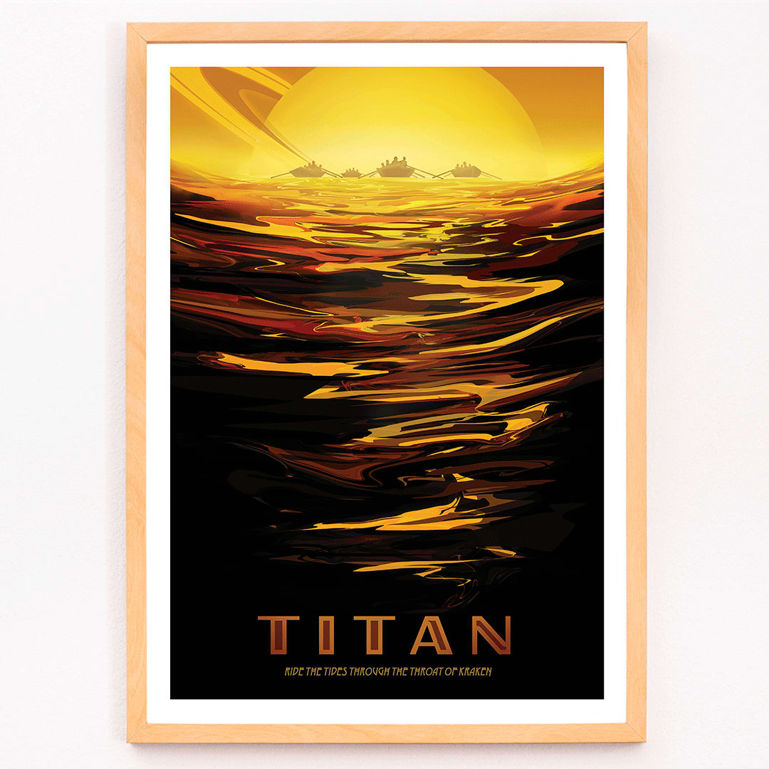 Futuristic boats on golden waves with Saturn in the background at sunset inspired by Titan Ride the tides through the throat of Kraken by NASA, framed and displayed in modern living room decor