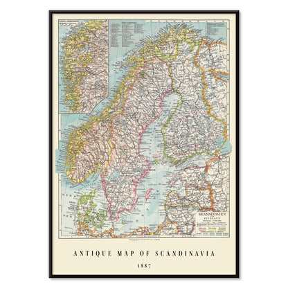 Vintage map of Scandinavia German antique wall art by Institute of Liepzig detailed geographic poster for home or office decor, with black aluminium frame on white background