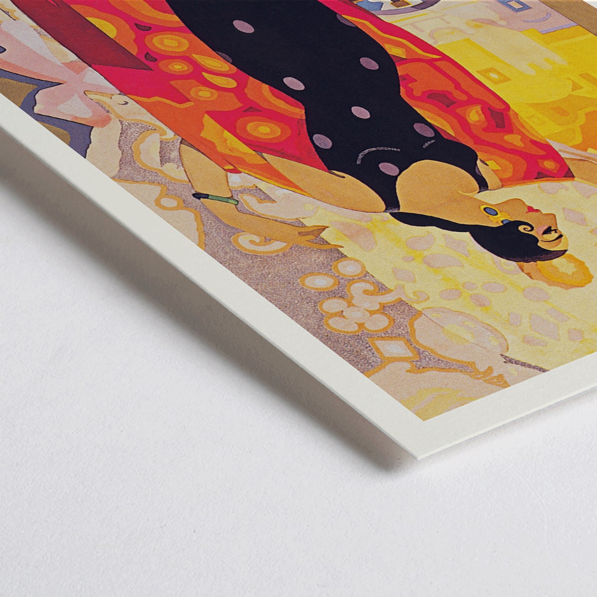 Closeup detail of Sevilla Fiestas de primavera poster by Balaca y Orejas-Canseco featuring a colorful flamenco dancer in a vibrant dress with cityscape and birds in the background