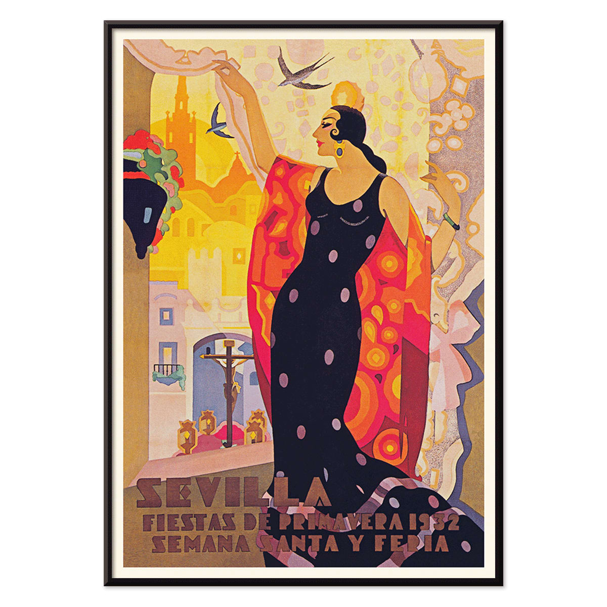 Sevilla Fiestas de primavera poster by Balaca y Orejas-Canseco featuring a colorful flamenco dancer in a vibrant dress with cityscape and birds in the background, with black aluminium frame on white background